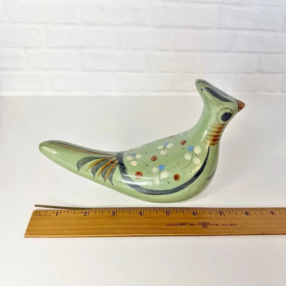Vintage Tonala Bird Figurine Mexican Folk Art Pottery Green Floral
